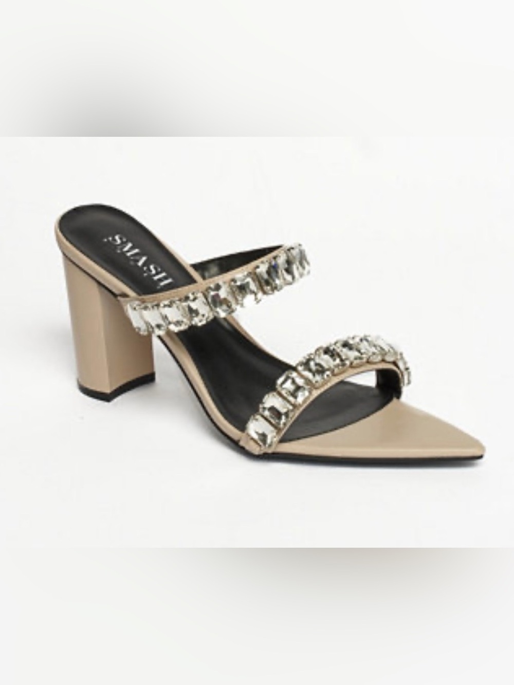 SMASH NWT Sz 11 Crystal-Embellished Nude Two-Strap Block Heel Sandal (SH386)
